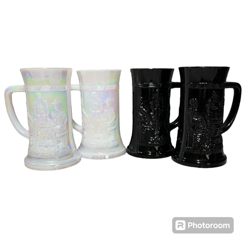 Set of 4 Vintage Federal Milk Glass Steins 2 Pearl Lustre & 2 Tiara Black